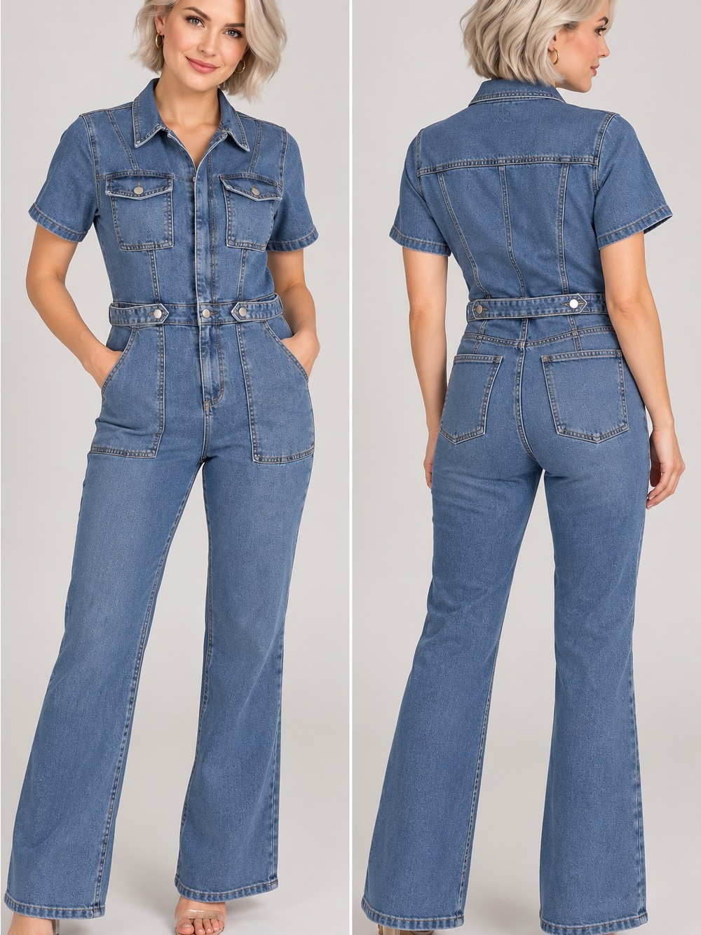 Denim Short-Sleeve Jumpsuit - Blue